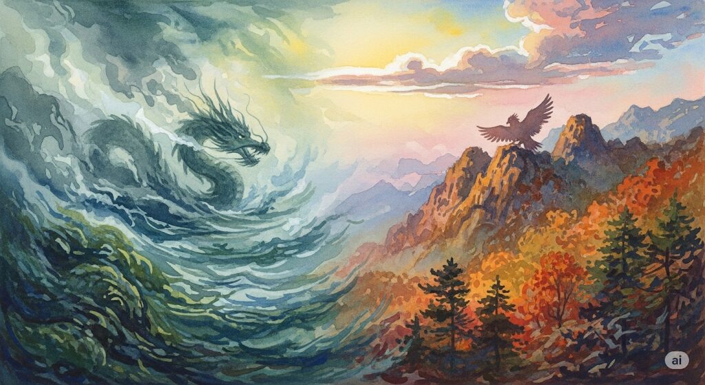 守護霊が龍神系と天狗系の違いを表現した幻想的なイラスト。空を舞う龍神と、山中の木に佇む天狗が対照的に描かれた、モネ風の水彩画。
