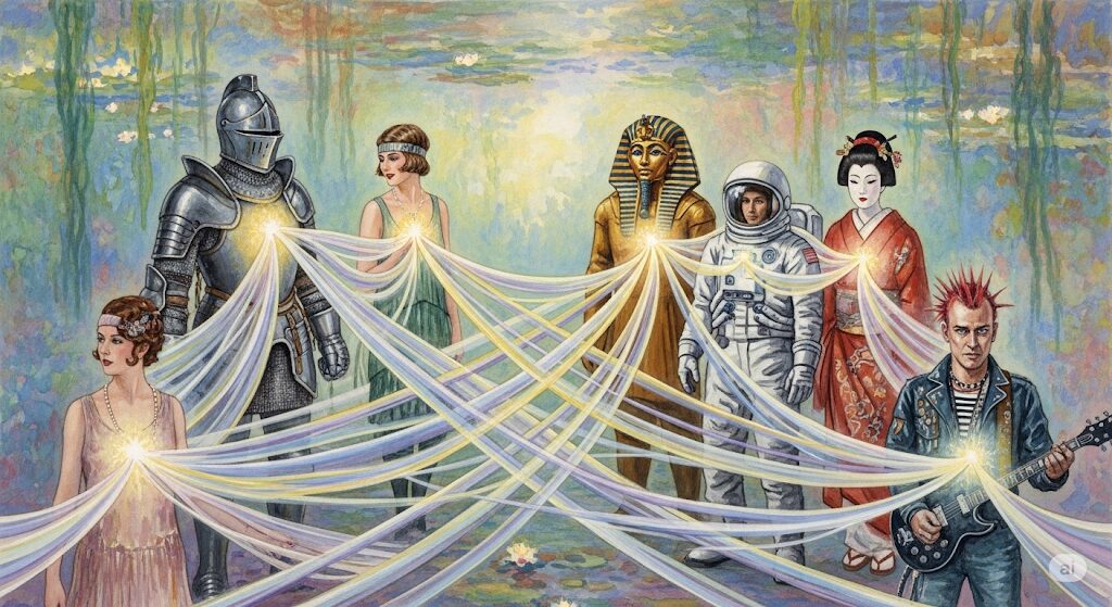 時代や国籍を超えた魂の繋がりを示すアート。様々な時代の外国人たちが光の糸で結ばれている。守護霊との前世からの縁を表現。