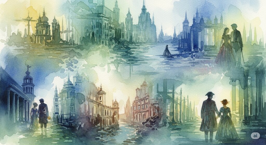 前世の記憶をテーマにした水彩画。異なる時代の風景の中に、同じ魂を持つ男女の姿が描かれている。外国人の守護霊との深い縁を示唆。
