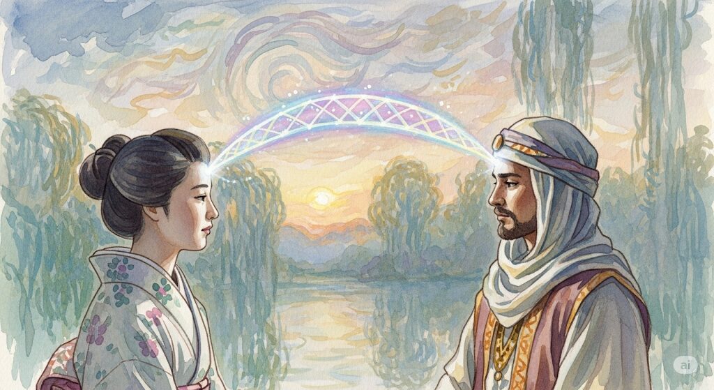 守護霊が外国人の場合の対話方法を示すアート。文化の違う男女がテレパシーのような光で繋がり、言葉の壁を超えて意思疎通する様子。