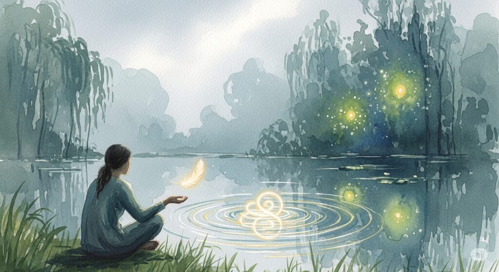 外国人の守護霊からのメッセージの受け取り方を描いた神秘的な絵。光る羽や水面の模様など、日常に隠されたサインに気づく女性。