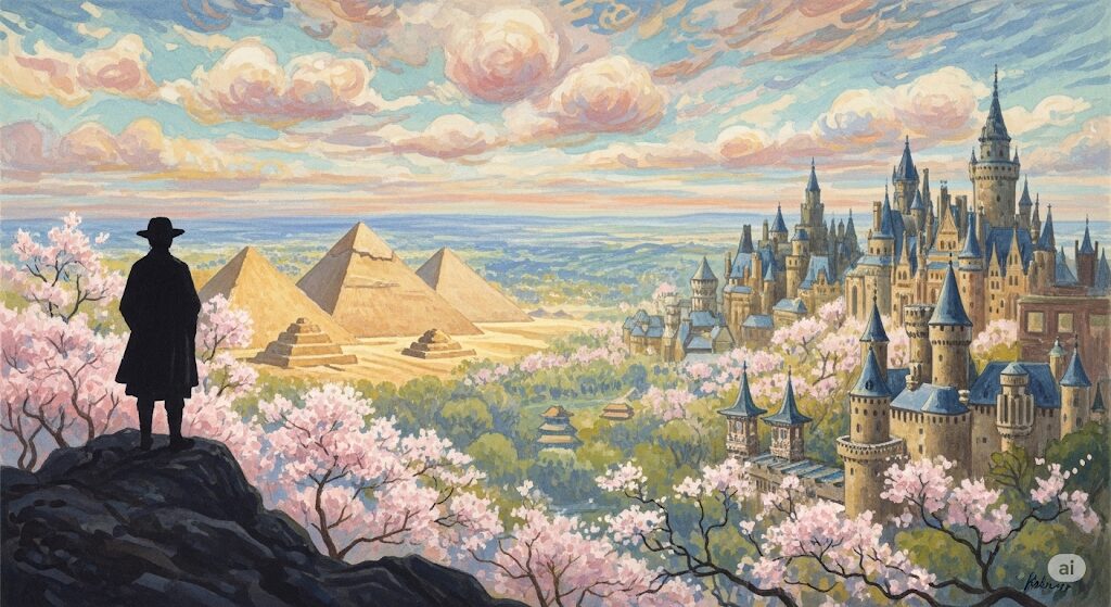 グローバルな視野を持つ人のイメージ。外国人の守護霊の影響を受け、世界中の風景(桜、ピラミッド、城)を一つに眺めている。