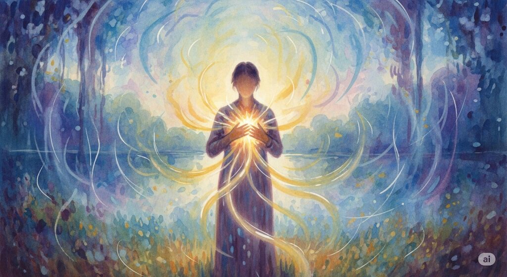 感謝の心で守護霊の力が強まる様子を描いた絵。胸から放つ感謝の光が、見守ってくれる外国人などの守護霊のオーラを強めている。