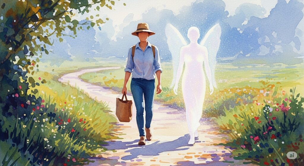 守護霊との理想的な関係性を描いたアート。自立して歩む人物のそばを、外国人のような光の守護霊が干渉せず、優しく照らし導いている。