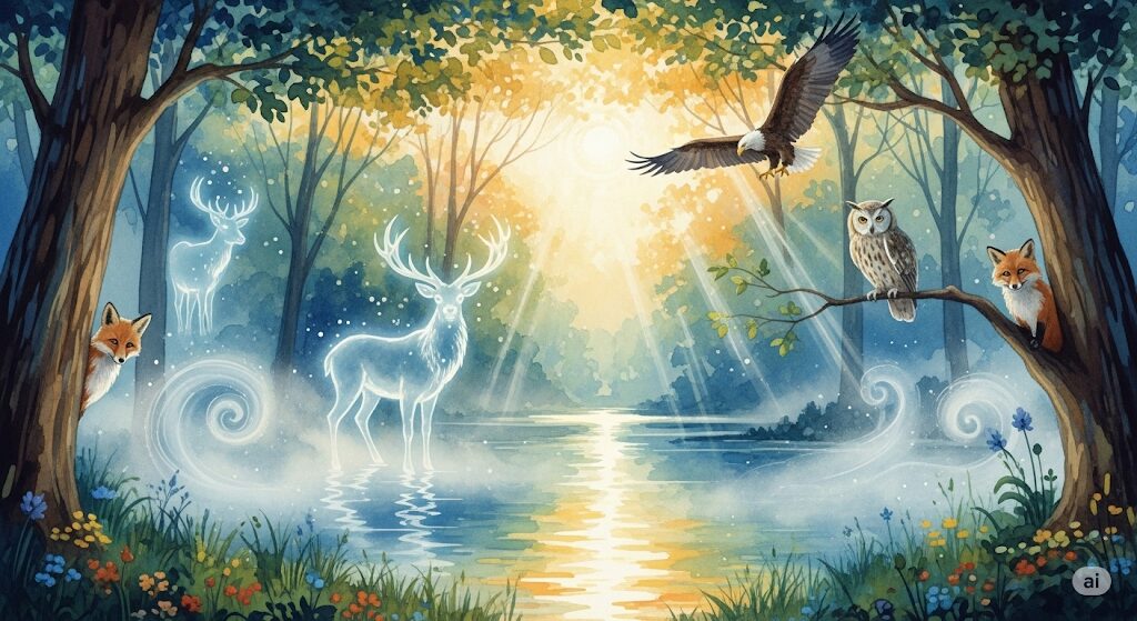 身内以外の多様な存在が守護霊になる様子を描いた水彩画。歴史上の人物や動物など、様々な霊的存在が「守護霊」として人を守っているイメージ。