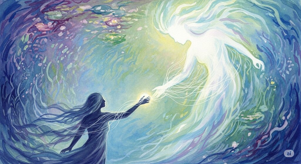 「守護霊と身内」の魂の繋がりを光の糸で表現したスピリチュアルな絵。人と守護霊が目に見えない絆で結ばれている様子のイメージ。