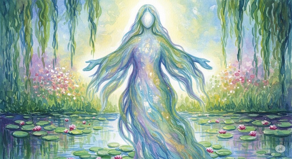 能力向上を助ける指導霊の神秘的な水彩画。身内とは限らない専門的な「守護霊」が、才能開花をサポートする様子をモネ風に表現したイラスト。