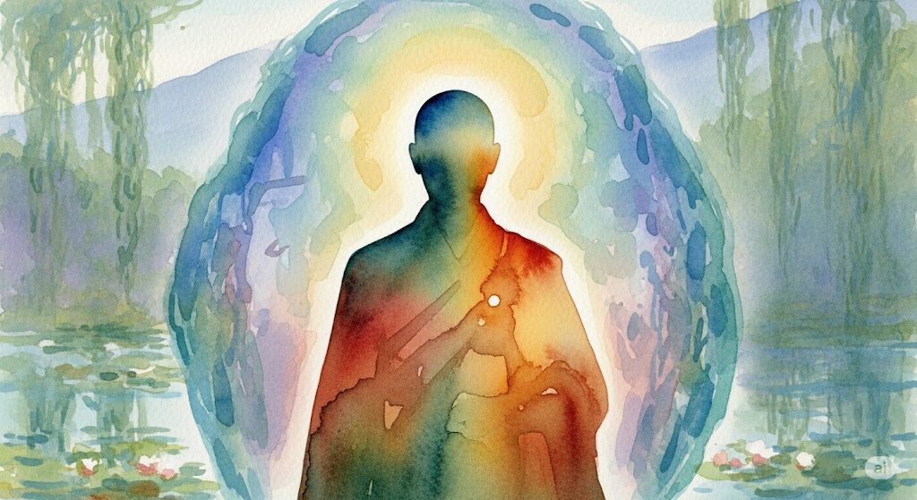 守護霊がお坊さんである人の特徴をイメージした水彩画。人物のシルエットが優しい虹色のオーラに包まれている。