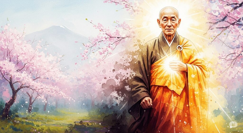霊格が高い守護霊のお坊さんが光に姿を変える様子を描いたモネ風の絵。桜が舞う中で穏やかに昇華している。