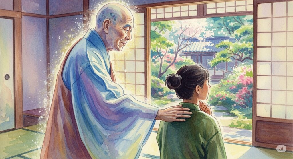 修行を積んだご先祖様が守護霊のお坊さんとして子孫の肩に優しく手を置く、世代を超えた繋がりを感じさせる水彩画。