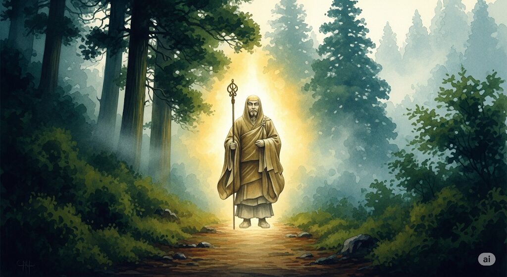 守護霊のお坊さんとして現れた弘法大師様のイメージ。杉木立の神聖な山道に半透明の姿で立っている水彩画。