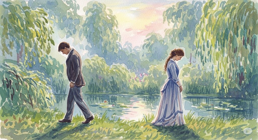守護霊による強制終了がもたらす恋愛の別れを描いた水彩画。湖畔で男女が悲しげに背を向けて離れていく様子。