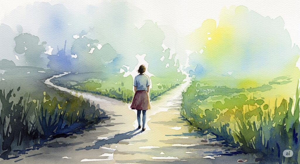 守護霊による強制終了が人生の転機になる理由を象徴的に描いた水彩画。暗い道から明るい道へと続く分かれ道が新しい始まりを予感させる。