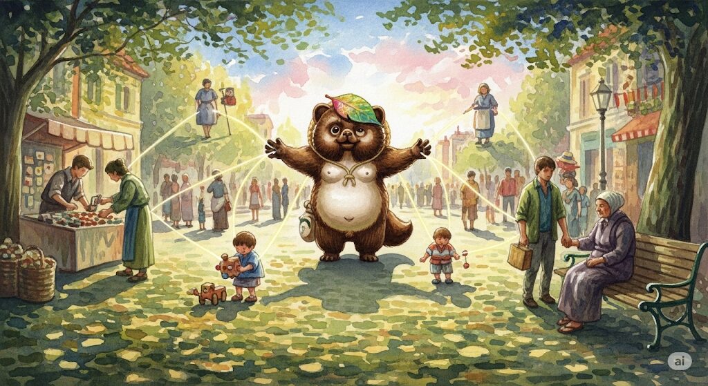 人々の縁を結ぶ力を持つ守護霊のたぬきが、広場で光の糸を紡ぐ幻想的なモネ風水彩画。様々な人々が穏やかにつながる様子が描かれている。