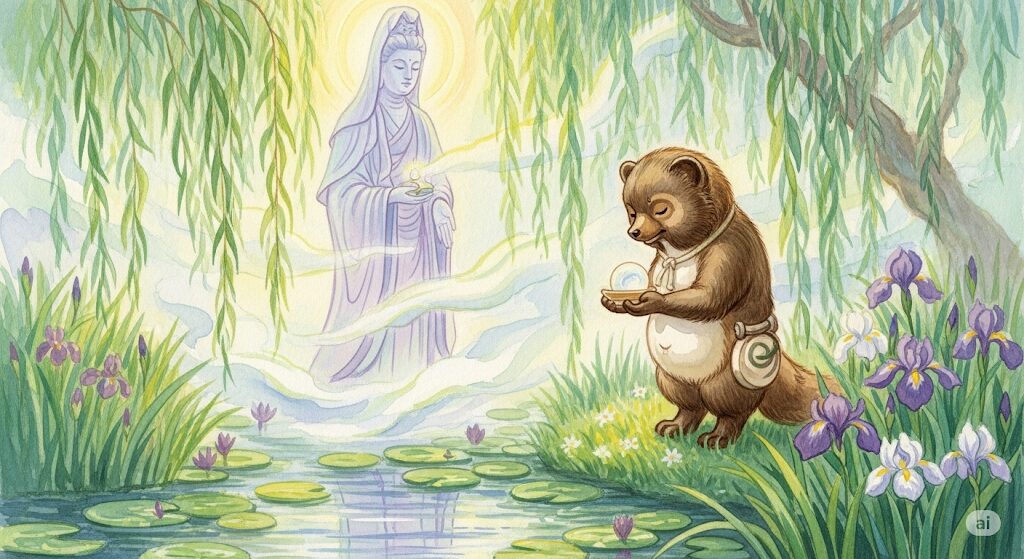 神の使いである眷属としての守護霊たぬきが、神聖な存在に仕える様子を描いたモネ風水彩画。柳と睡蓮に囲まれた幻想的な空間で、敬虔な姿を見せている。