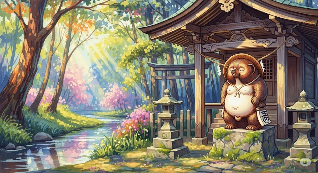 神として祀られる守護霊たぬきのいる神社を描いたモネ風水彩画。木漏れ日が差し込む穏やかな境内で、ご神体として鎮座し、信仰を集めている様子。
