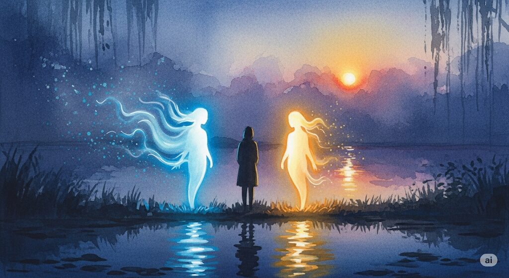 湖畔に立つ人物の後ろで、一体の守護霊が消え、新たな守護霊が現れる幻想的なイラスト。守護霊 増えるだけでなく、入れ替わりもあるという考え方を描いている。