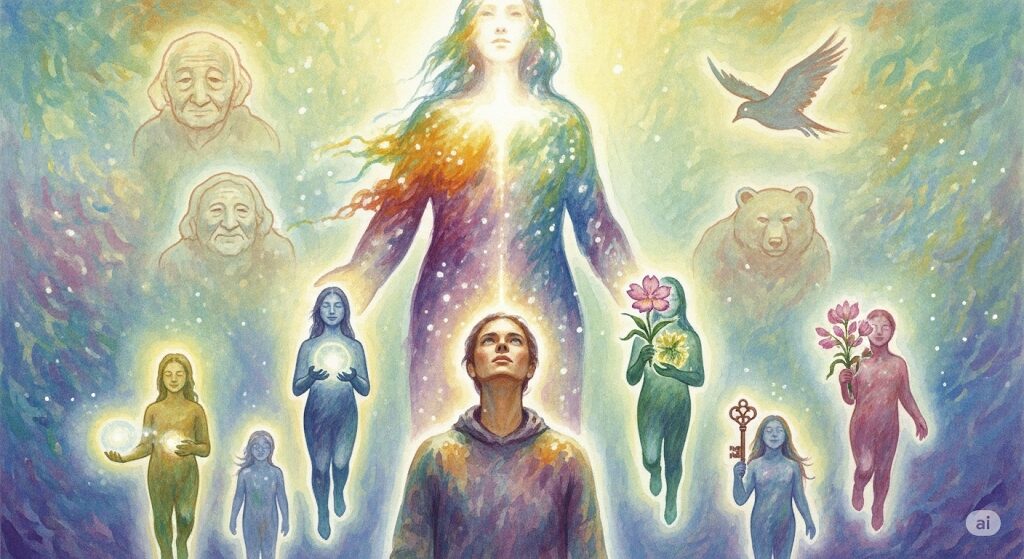 主護霊、指導霊、先祖霊など様々な種類の守護霊が一人をサポートしている様子の絵画。守護霊 増えるという背景にある、霊団の多様性を視覚的に表現。