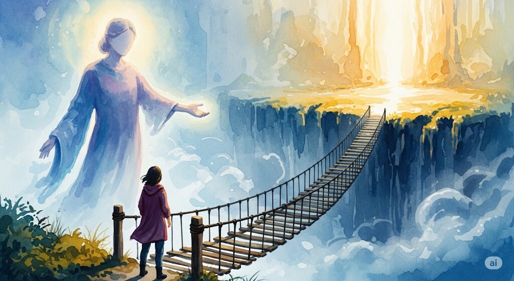 険しい山の麓に立つ人を、守護霊が光で導いている様子。守護霊 増えるといった変化の前に訪れる試練と、そのサポートをイメージさせるアート。