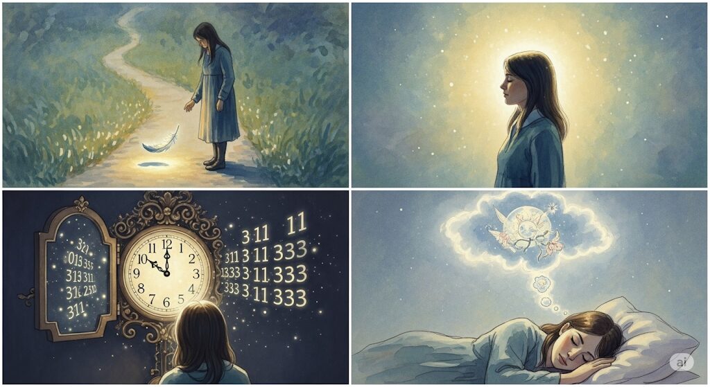 光る羽根やゾロ目、夢など、守護霊からのサインを4つのパネルで描いた絵画。守護霊 増えるときには、こうしたサインに気づきやすくなることを解説する画像。