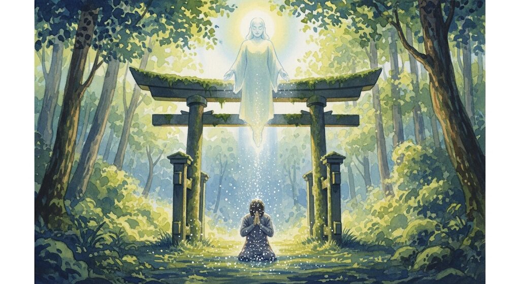 神社で祈る人から立ち上る光が、上空の守護霊のエネルギーとなっている様子の幻想的なイラスト。参拝によって守護霊 増えるようなサポート体制の強化を表現。