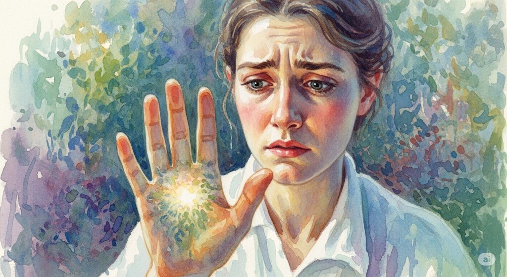 守護霊が弱ってることを示すサインとして、自分の手が透けているのを見て不安げな表情を浮かべる人物を描いたモネ風水彩画。