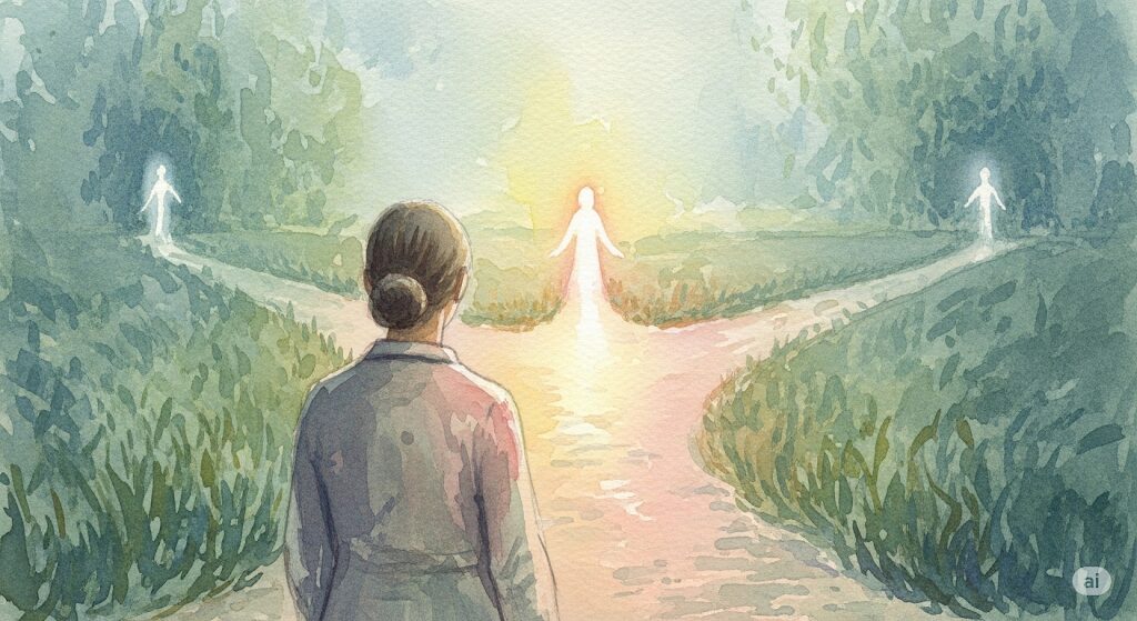 守護霊が弱ってる時でも直感は届く。岐路に立つ人物を正しい道へと導く優しい光を描いた、象徴的な水彩画。