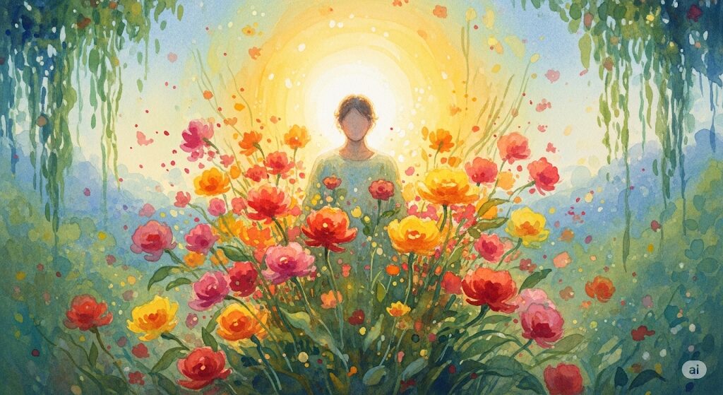 明るいオーラと美しい花々に囲まれた人物を描いた水彩画。守護霊が弱ってる状態から回復するためのポジティブな思考の重要性を象徴。