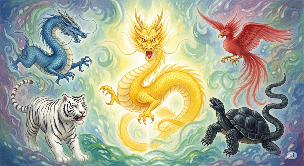中央に輝く守護霊・黄龍と、それを取り巻く四神（青龍、白虎、朱雀、玄武）を描いた水彩画。四神を束ねる特別な存在としての黄龍の役割を象徴する一枚。