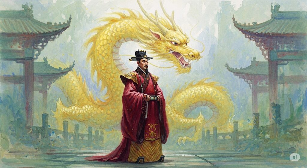 古代中国の皇帝の背後に、守護霊・黄龍が守るように佇む姿を描いた歴史的な水彩画。皇帝の権威と徳の象徴であった黄龍との深いつながりを示すイラスト。
