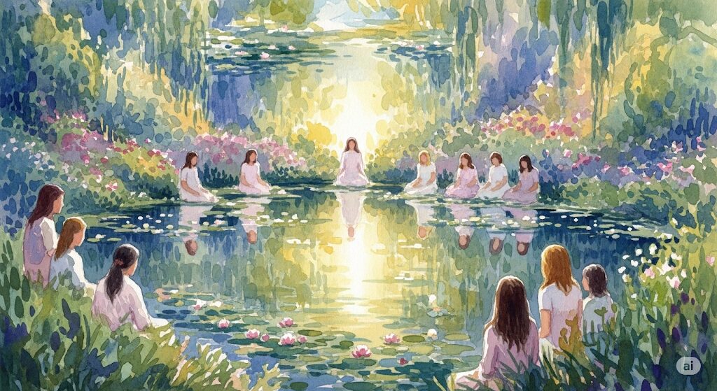 守護霊・黄龍がもたらす調和の力を、穏やかな水辺に集う人々で描いたモネ風のイラスト。平和で一体感のある世界の象徴としての水彩画。