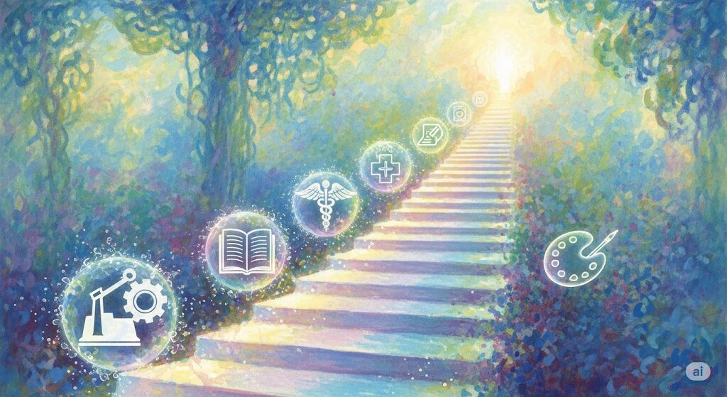 守護霊・黄龍による仕事運の上昇を、天へと続く階段と職業のシンボルで描いた水彩画。キャリアの成功や自己実現へと導く多様なご利益を象徴するイラスト。