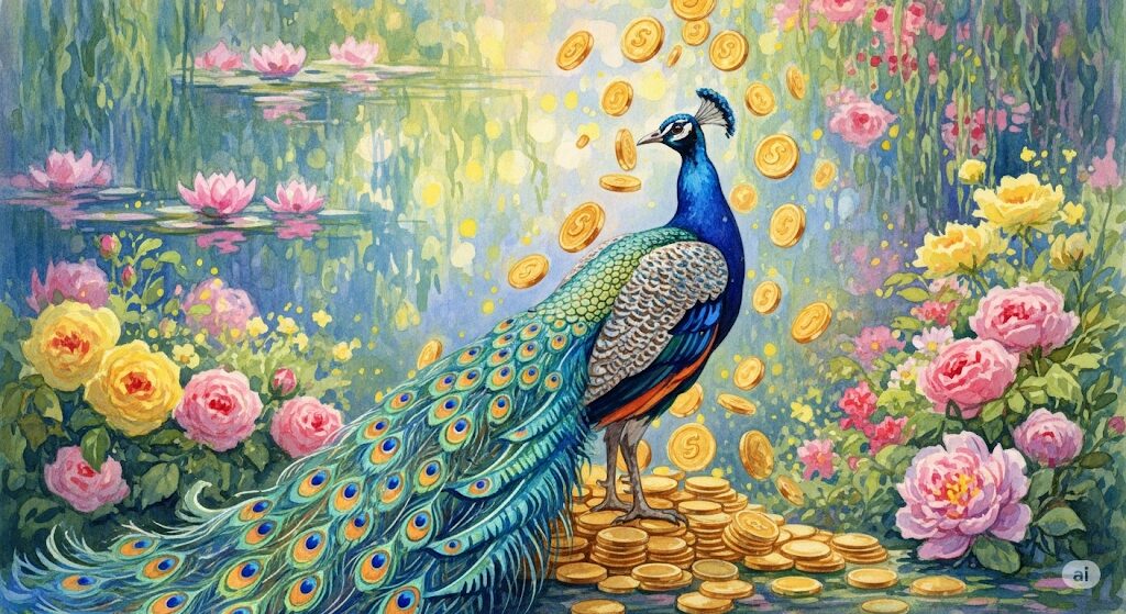 守護霊が孔雀であることの富と繁栄のご利益をイメージした絵画。金貨と豊かな花々に囲まれた孔雀が金運アップを象徴。