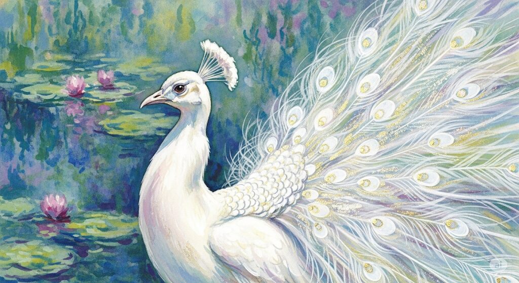 守護霊が孔雀である場合の幸運を象徴する白い孔雀の美しい水彩画。神聖な光を放ち、浄化と吉兆をもたらす様子を描いている。