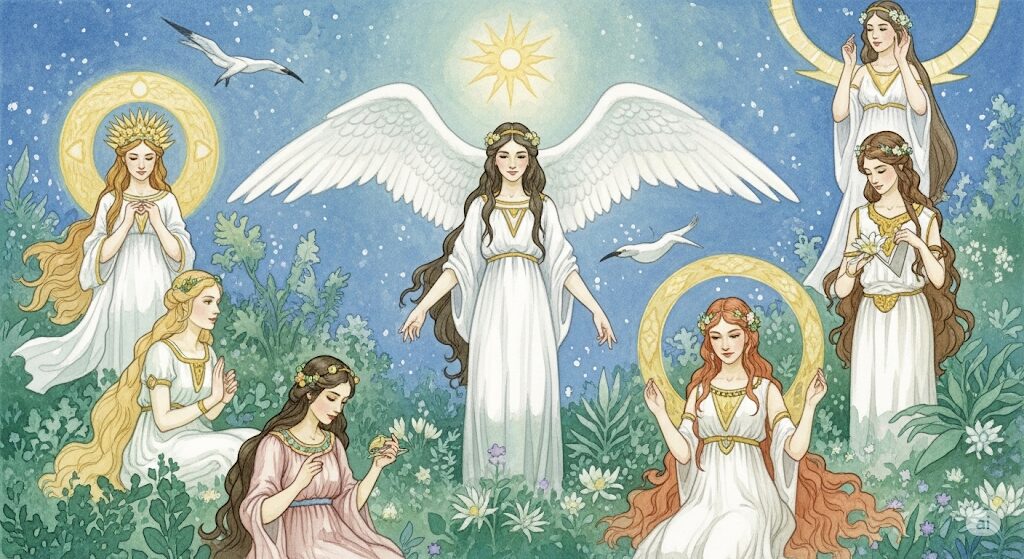 世界中の伝説に登場する様々な姿の天女たちを描いた水彩画。守護霊が天女であることの多様な背景を象徴している。