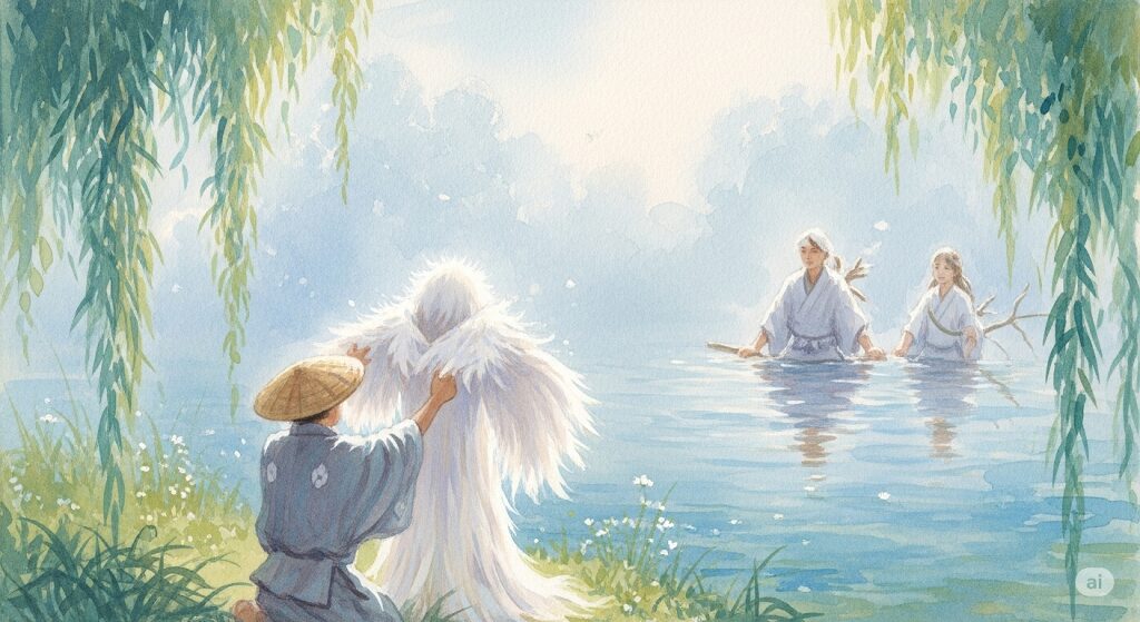 羽衣伝説の一場面を描いた水彩画。湖畔で天女が羽衣を失う様子は、守護霊が天女であることの物語の深さを示している。