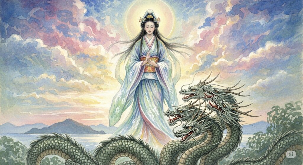 江の島伝説をモチーフにした、美しい天女と五頭龍の水彩画。守護霊が天女である場合、龍神とも深い繋がりがあることを表現している。