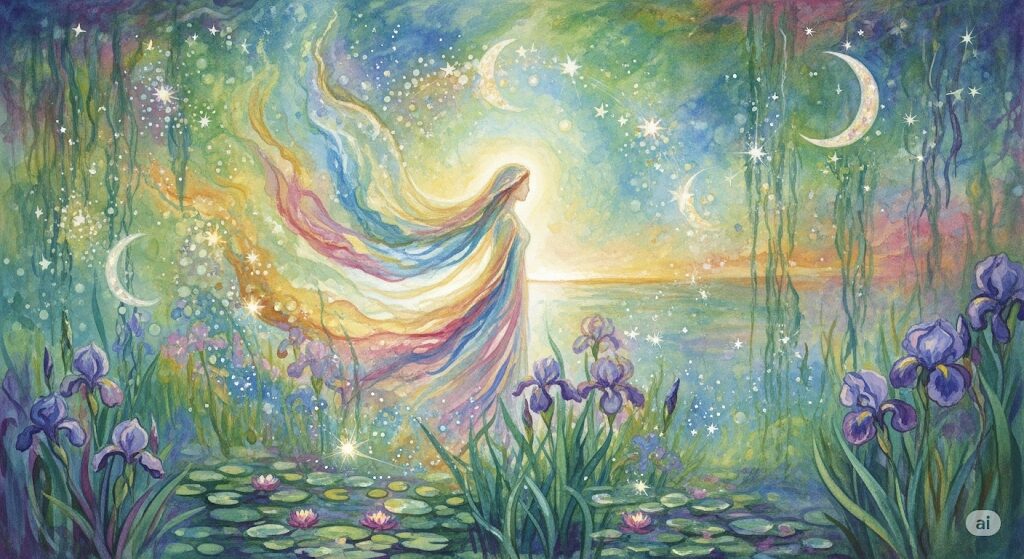 前世との繋がりを表現した幻想的な水彩画。守護霊が天女である人の魂が持つ、スピリチュアルな目的や使命を象徴している。