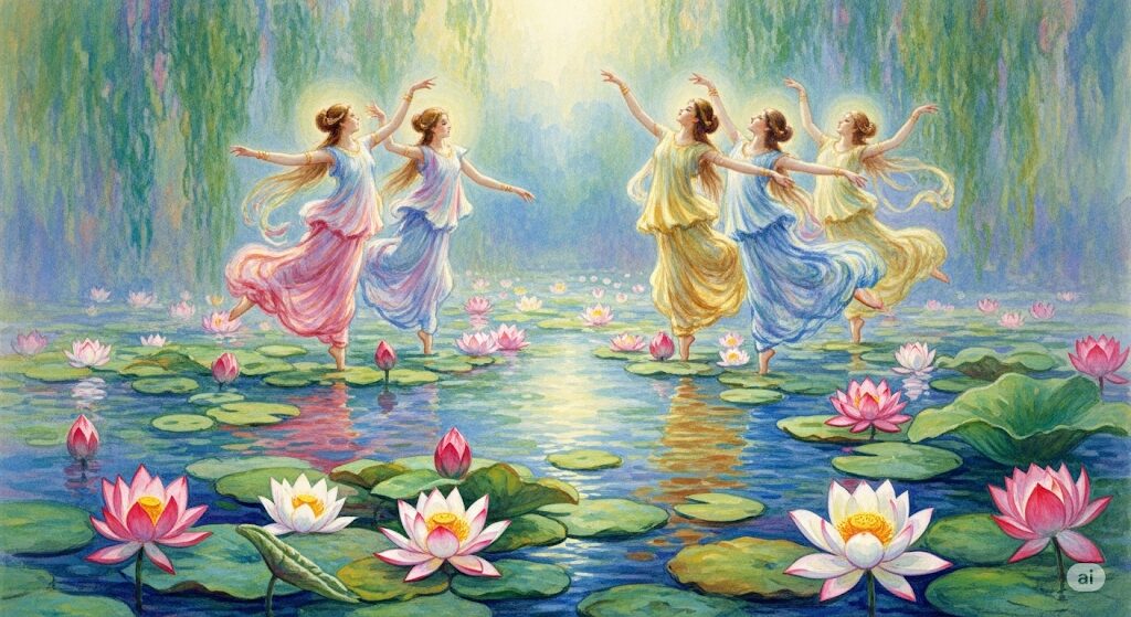 インド神話の天女アプサラスを描いた神秘的な水彩画。蓮の咲く水辺で優雅に舞う姿は、守護霊が天女であることの起源の一つを示している。
