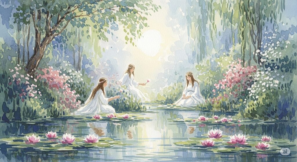 イスラム教の天女フーリをイメージした美しい水彩画。天上の楽園で穏やかに過ごす乙女たちの姿は、守護霊が天女であるという伝承の多様性を表している。