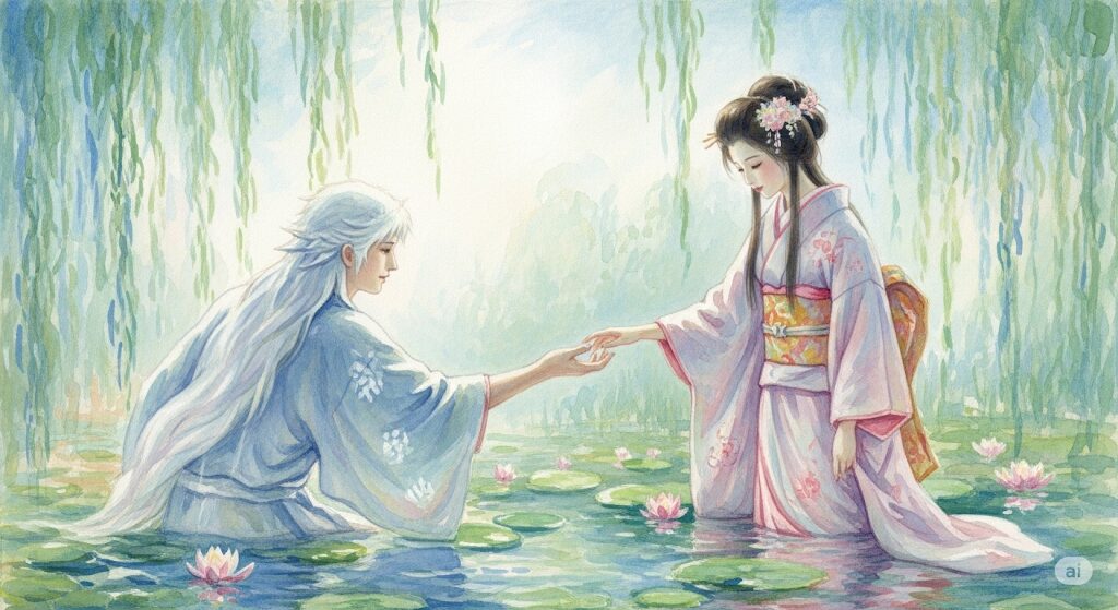 守護霊スサノオとクシナダヒメの縁結びをテーマにした水彩画。二人が水辺で優しく手を取り合う、ロマンチックで美しい情景。