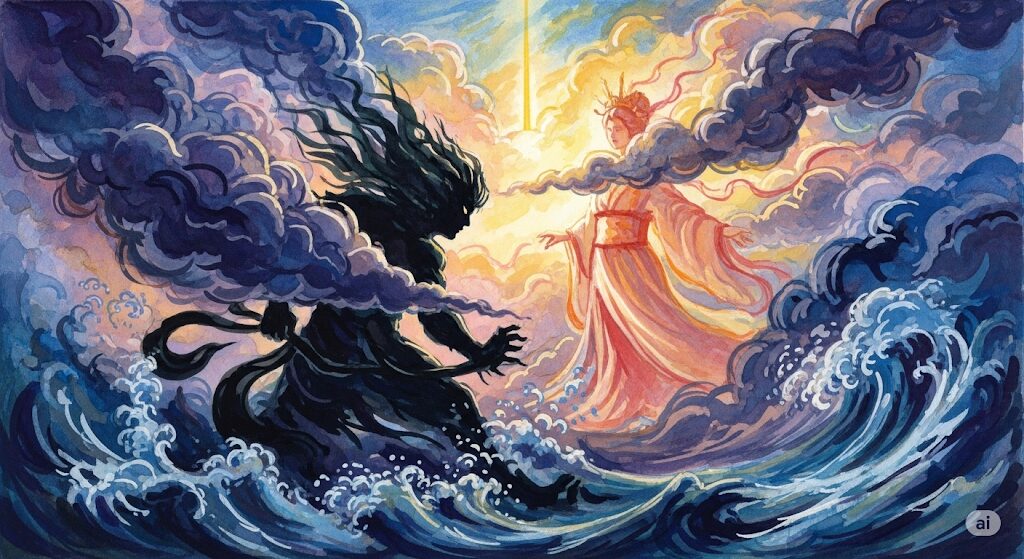 守護霊スサノオと姉の天照大御神の関係性を描いた水彩画。光と闇、嵐と太陽の対立がドラマチックに表現されている。