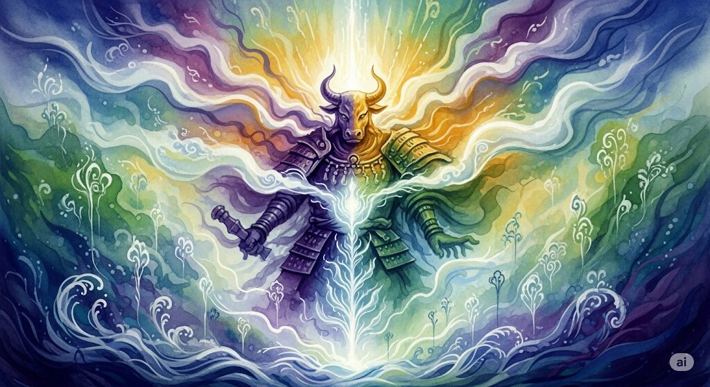 守護霊スサノオと牛頭天王の習合を表す神秘的な水彩画。疫病を祓う神聖なエネルギーが牛頭の神から放たれている。