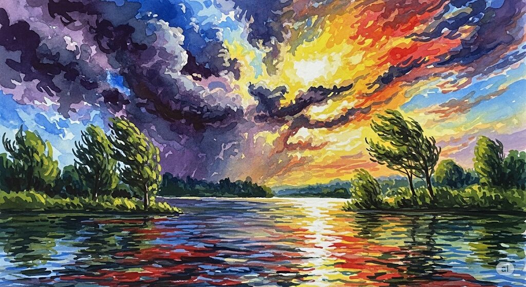 守護霊スサノオの激しい感情の起伏を象徴する風景の水彩画。穏やかな部分と荒れ狂う嵐が同居するドラマチックな空模様。