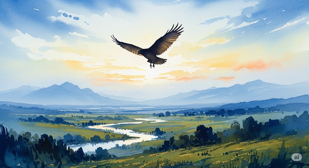 守護霊スサノオの束縛を嫌う自由な精神を表す水彩画。広大な空をたった一羽で悠々と飛ぶ鳥が描かれている。
