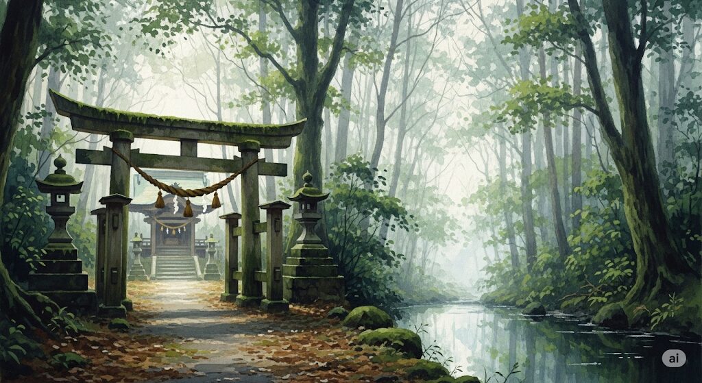 守護霊スサノオを祀る代表的な神社の神秘的な水彩画。霧深い森の中に静かに佇む神聖な鳥居が描かれている。
