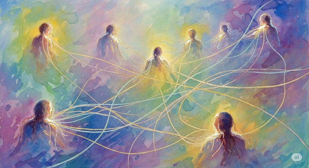 人と人との繋がりを意味する「ご縁」をイメージしたスピリチュアルなイラスト。守護霊の導きによって結ばれる運命の糸が、人々のご縁を繋いでいる様子を水彩画で表現。