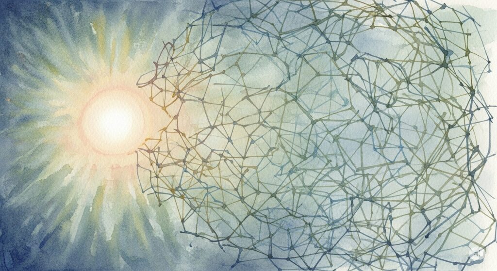 守護霊とご縁の決定的な違いを示す抽象的な水彩画。一点から光を放つ守護霊と、複雑に絡み合うご縁のネットワークが対照的に描かれ、両者の関係性を象徴している。