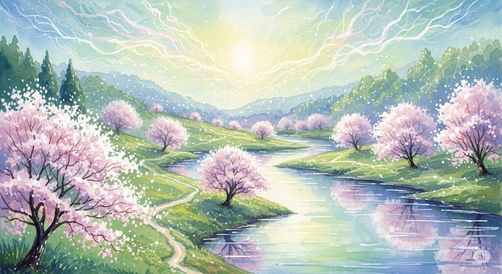 仏教におけるご縁の概念を表現した幻想的な水彩画。桜が咲く美しい風景の中を流れる光のネットワークが、守護霊に導かれる魂の繋がりとご縁の深さを示している。