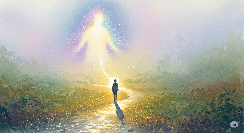 守護霊と運命的なご縁の繋がりを描いたスピリチュアルなイラスト。守護霊が放つ優しい光が、人の進むべき運命の道を照らし、特別なご縁へと導く様子を表現している。